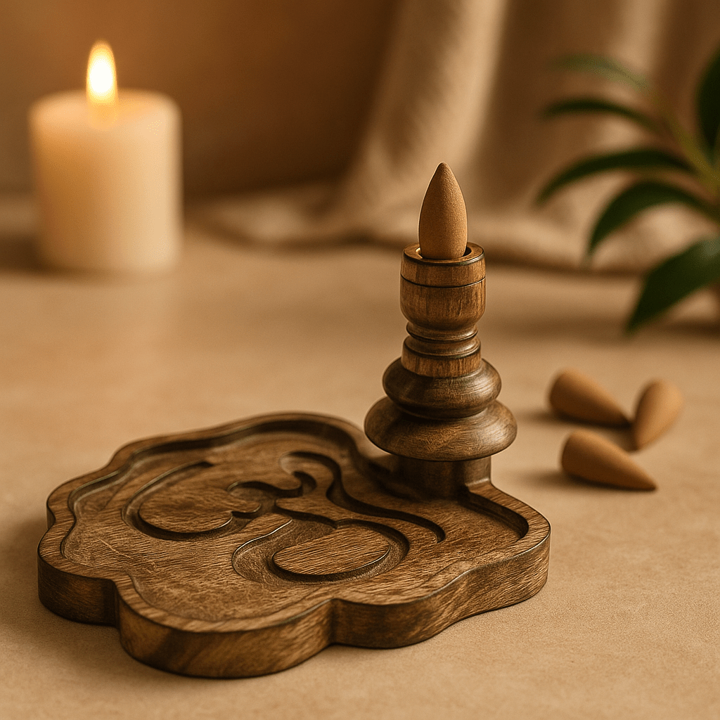Backflow Incense Burner Mango Wood Om - SHAMTAM.COM