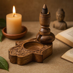 Backflow Incense Cone Burner Mango Wood Hamsa Small - SHAMTAM.COM