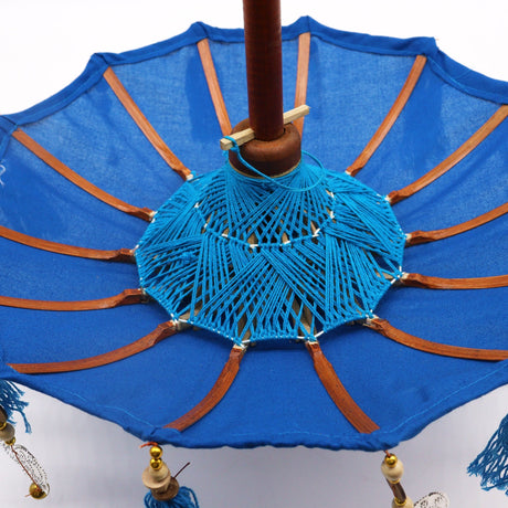 Handcrafted Bali Home Decor Parasol - 40cm Blue Cotton Umbrella with Tassels and Beads - SHAMTAM.COM