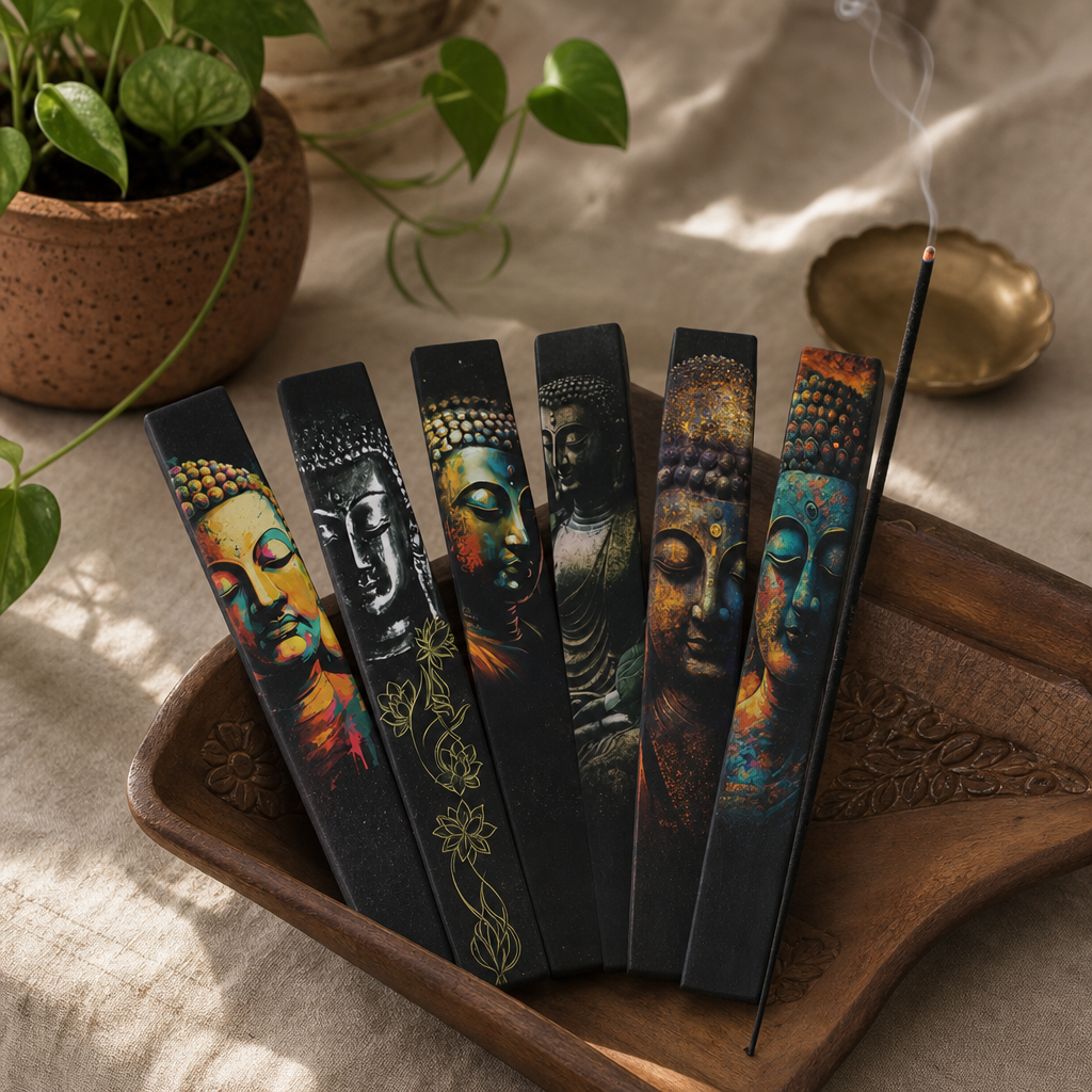 Banjara Buddha Incense – Boxed Gift Set (6 Assorted) — styled in a warm, naturally lit interior
