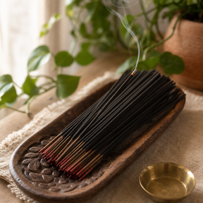 Banjara Cristal Gemas Incense Sticks - Garnet Musk & Amber — styled in a warm, naturally lit interior