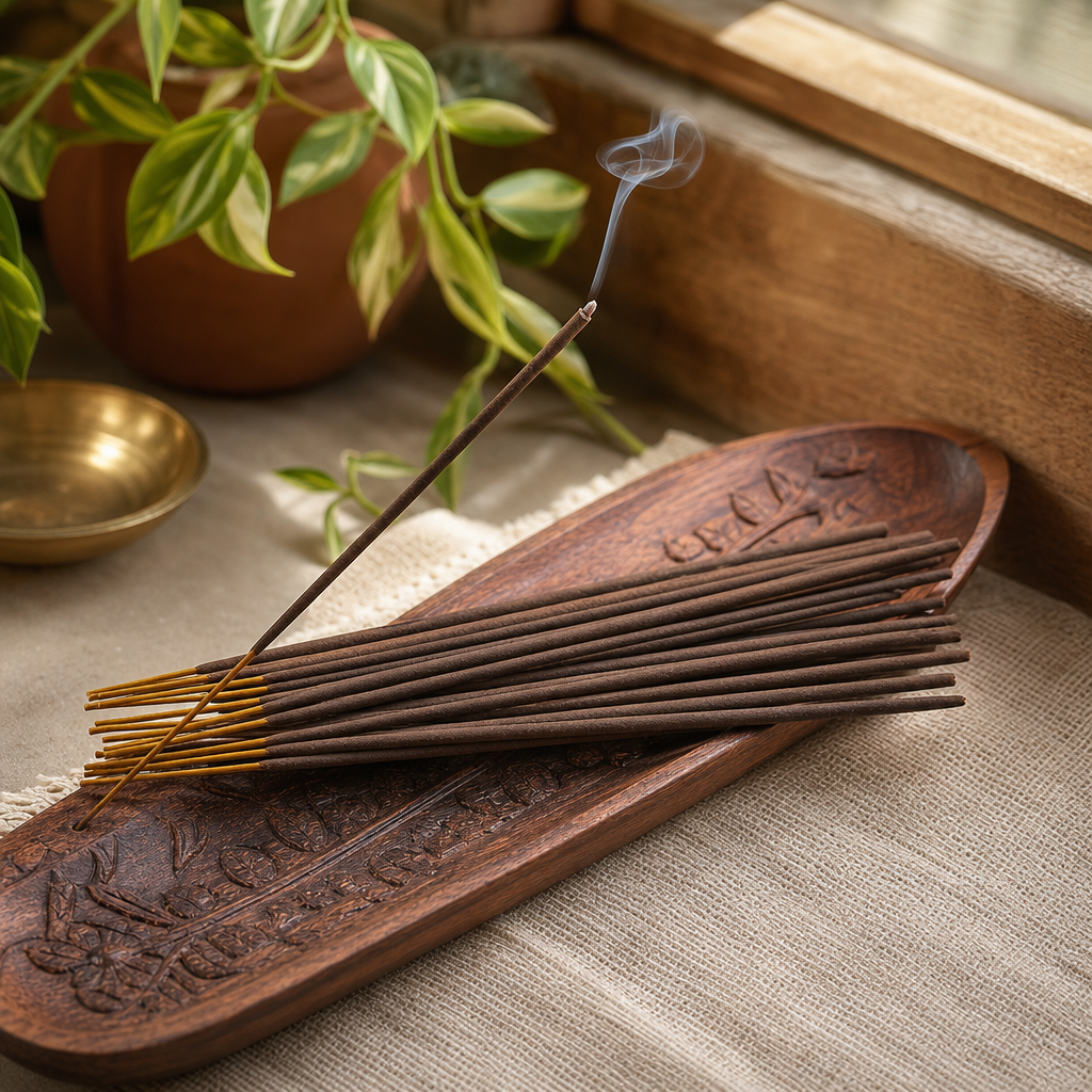 Banjara Cristal Gemas Incense Sticks - Tiger's Eye Cinnamon & Clove — styled in a warm, naturally lit interior