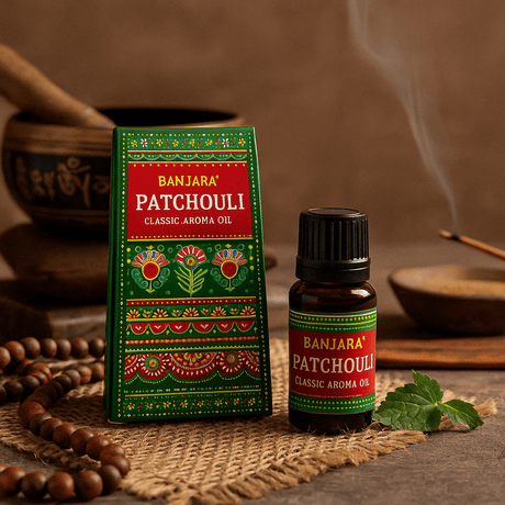 Banjara Patchouli Classic Aroma Oil 10ml - Premium Indian Fragrance in Amber Glass Bottle with Vibrant Packaging - SHAMTAM.COM