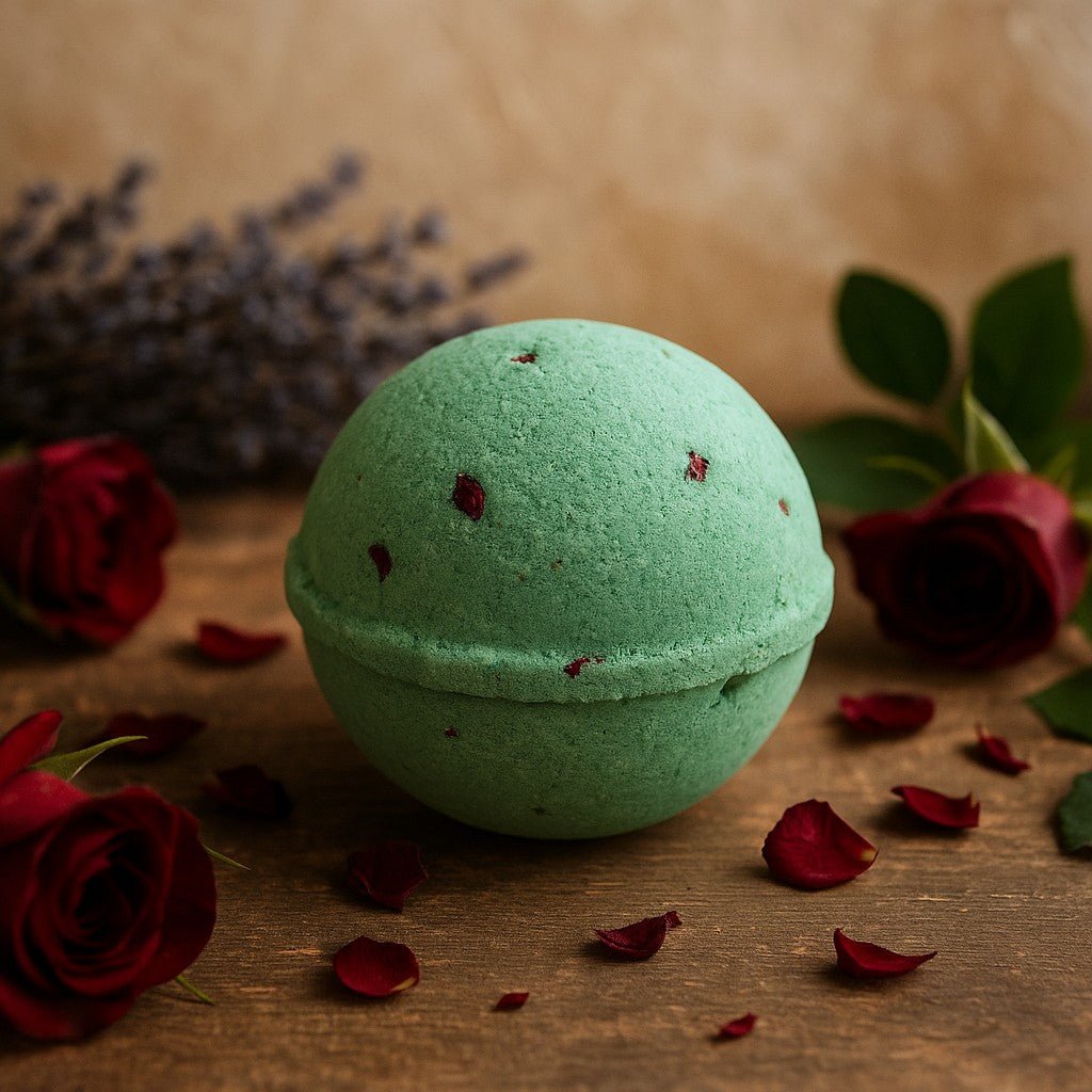 Green bath bomb with red rose petals on a wooden surface