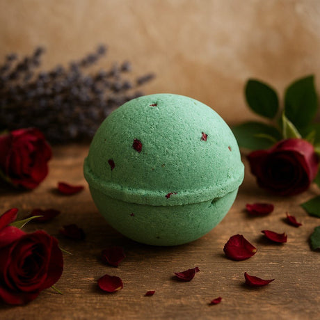 Green bath bomb with red rose petals on a wooden surface