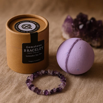 Bomba de baño con pulsera de amatista y lavanda y árbol de té