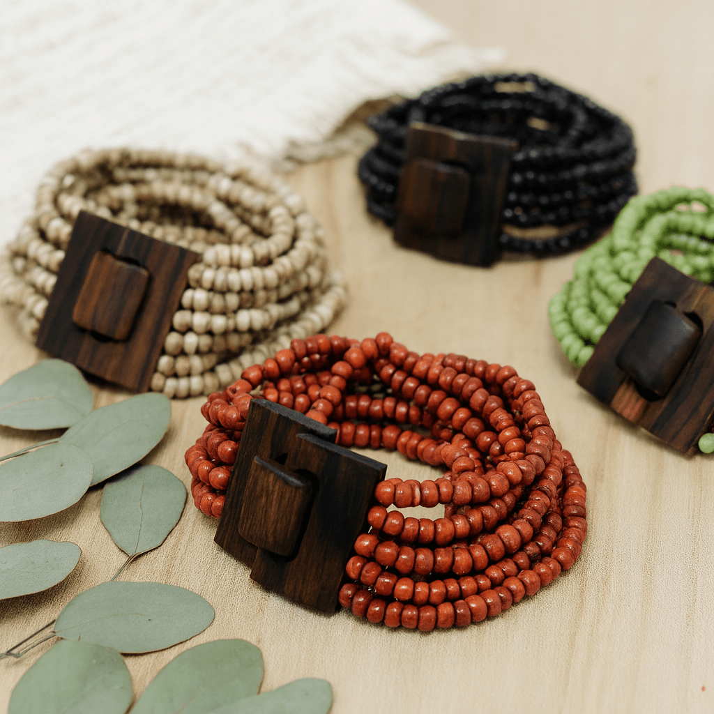 Beaded Bangle Bracelet Wooden Clasp Assorted Colors - SHAMTAM.COM