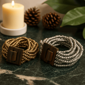 Beaded Bangle Bracelet - Wooden Clasp Gold Bronze - SHAMTAM.COM