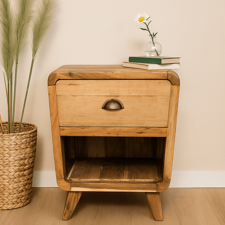 Bedside Table Round Reclaimed Teak 1 Drawer - SHAMTAM.COM