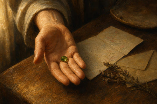 Een peridoot als geboortesteen in een open hand naast een handgeschreven verjaardagskaart op een houten bureau