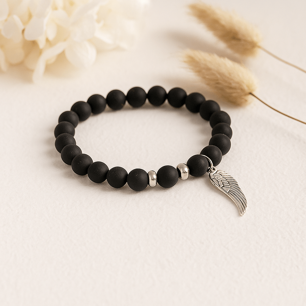 Black Agate Crystal Bracelet With Angel Wing Charm - SHAMTAM.COM