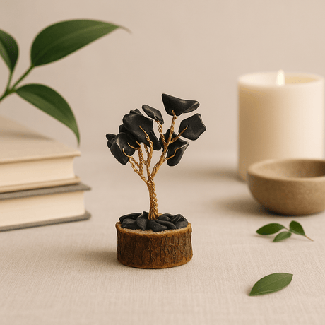 Black Agate Gemstone Tree Wood Base - 15 Gemstones - SHAMTAM.COM
