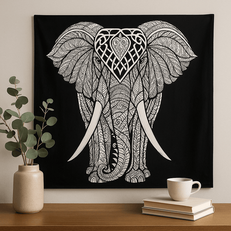 Black - and - White Cotton Double Bedspread Wall Hanging Elephant - SHAMTAM.COM