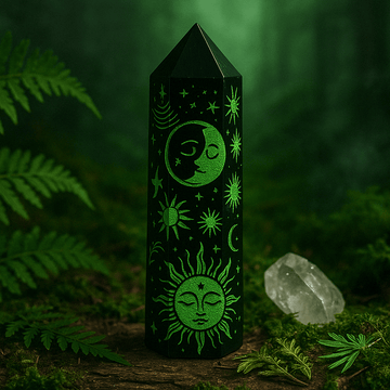 Sort obsidian krystalspids, skovgrøn himmelsk design