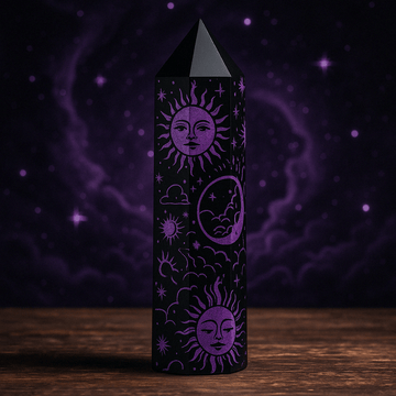 Sort obsidian krystalspids lilla himmelsk design