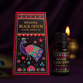 Banjara Black Opium Classic Aroma Oil 10ml - Exotic Indian Fragrance with Vibrant Peacock and Floral Design - SHAMTAM.COM