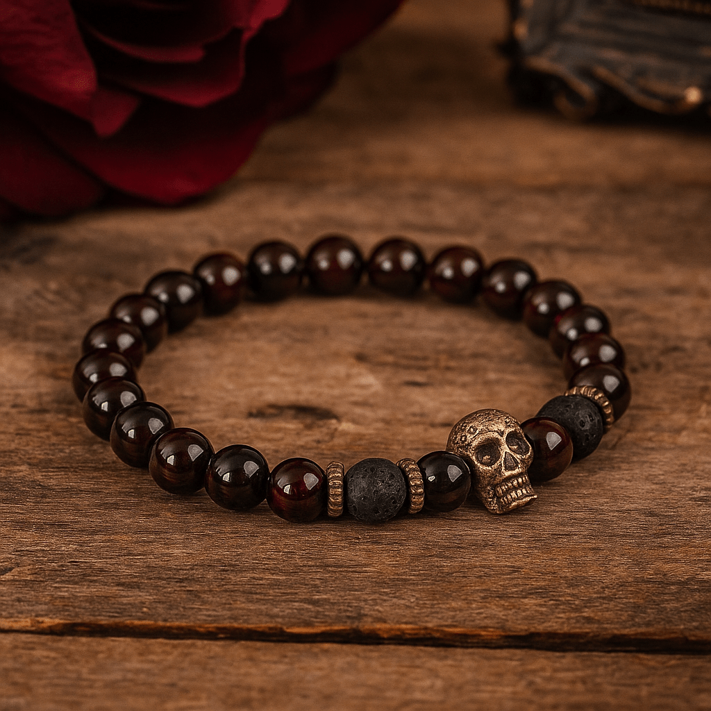 Bloodstone Crystal Stretch Bracelet with Bronze Skull - SHAMTAM.COM