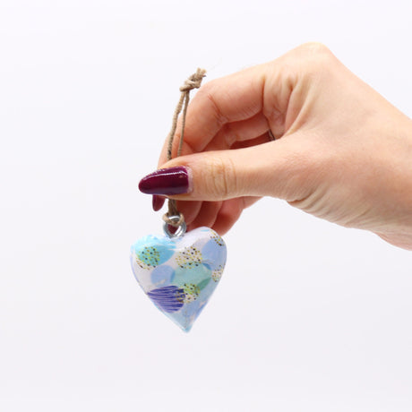 Blue Abstract Small Wooden Heart Ornament - Decorative Hanging Art with Twine Loop - SHAMTAM.COM