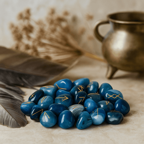 Blue Onyx Rune Stones Set 25 - Piece With Pouch - SHAMTAM.COM