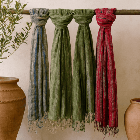 Boho Cotton Scarf, Assorted Greens 22x72 In - SHAMTAM.COM