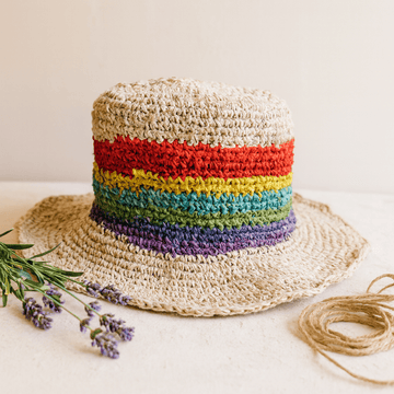Boho klobúk – Ručne pletený z konope a bavlny dúhový