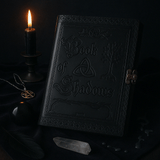 Large Black Leather Book of Shadows with Embossed Pentacle, Triquetra, and Tree Design - 200 Deckle - Edged Pages, 25x18x3cm - Mystical Wiccan Journal with Metal Clasp - SHAMTAM.COM