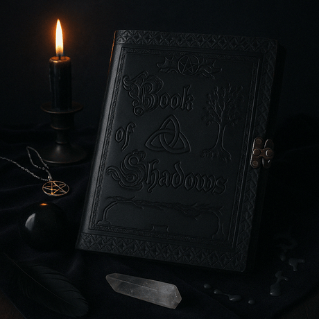 Large Black Leather Book of Shadows with Embossed Pentacle, Triquetra, and Tree Design - 200 Deckle - Edged Pages, 25x18x3cm - Mystical Wiccan Journal with Metal Clasp - SHAMTAM.COM