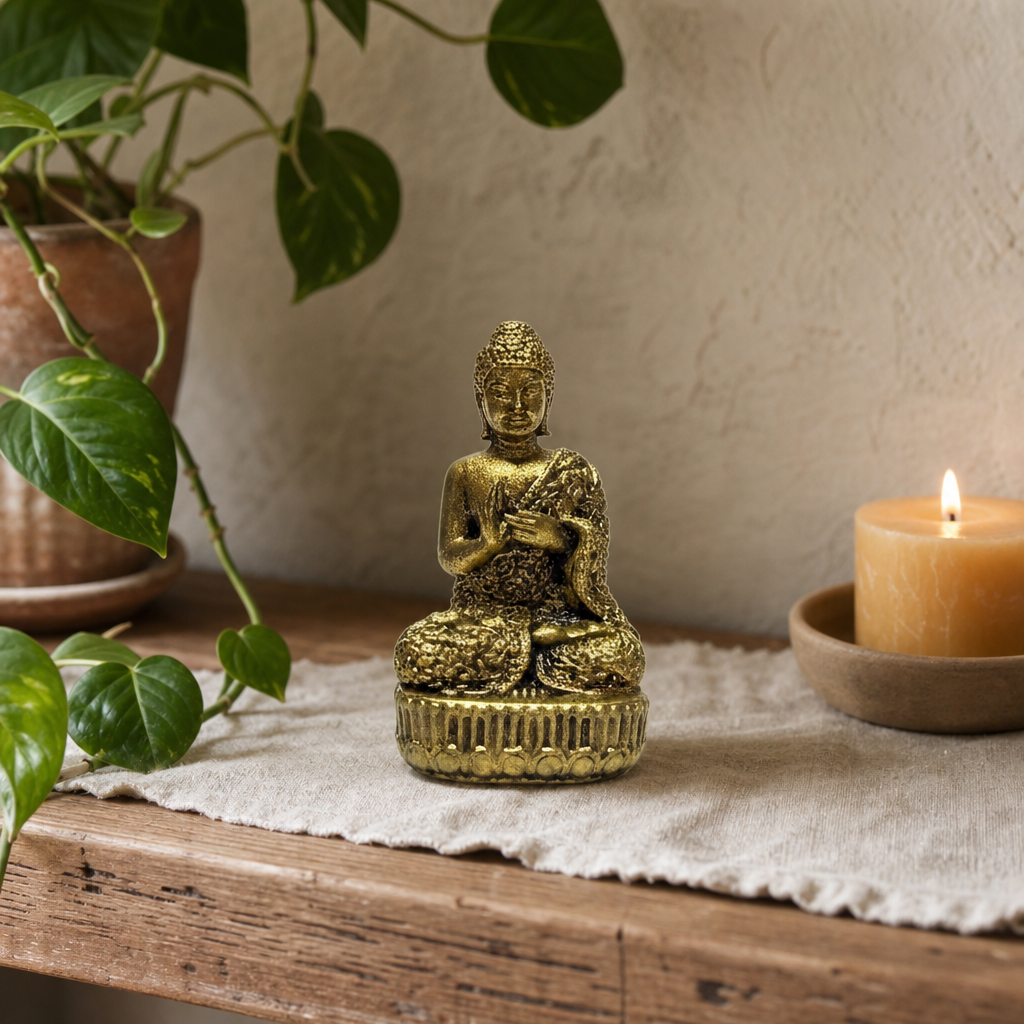 Brass Miniature Gods - Buddha (17gms) - 34mm — styled in a warm, naturally lit interior