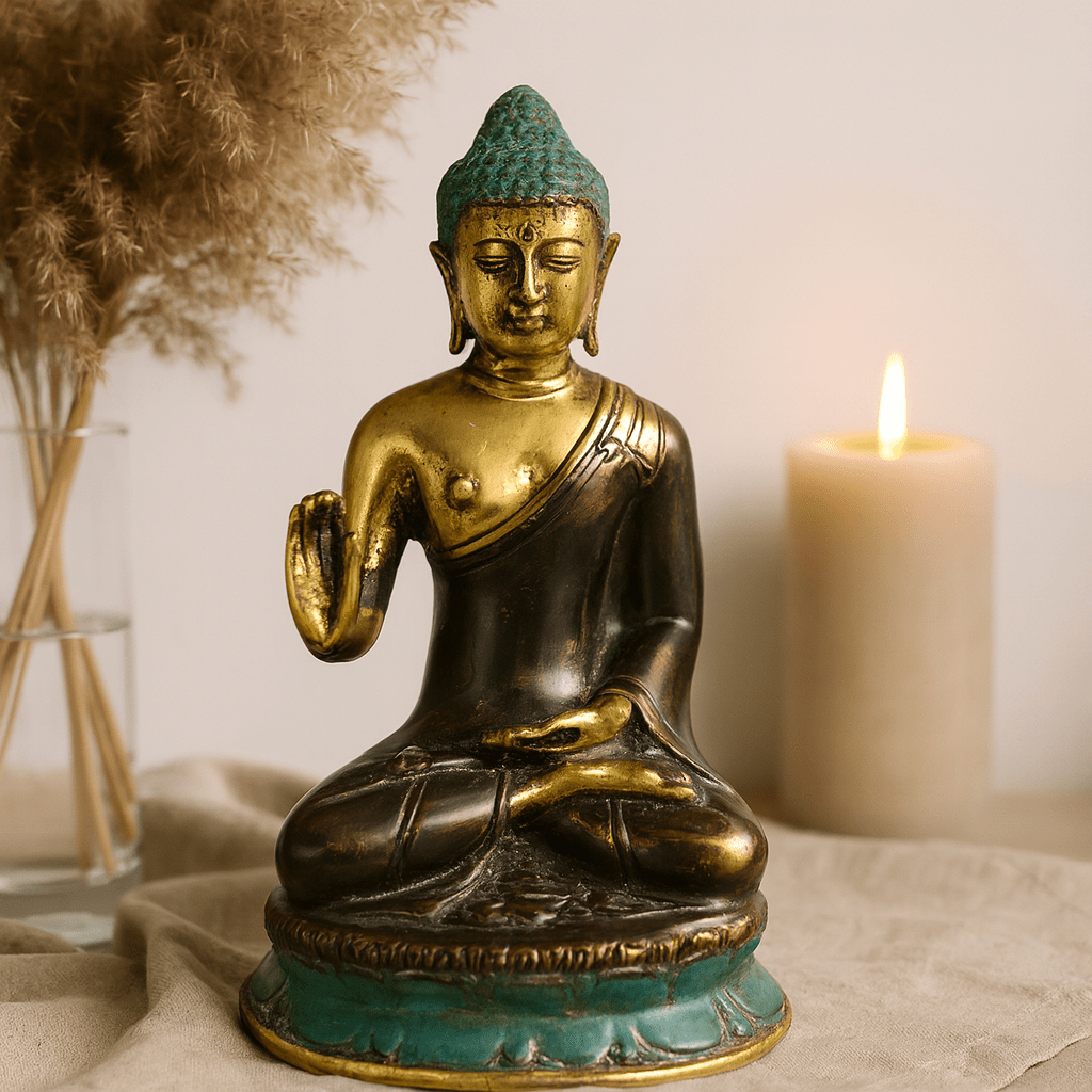 Brass Sitting Buddha Statue With Hand Up - SHAMTAM.COM