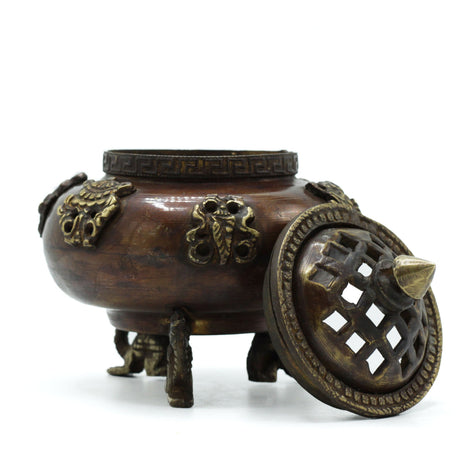 Brass Tibetan Incense Burner - Six Symbols Standing Pot - SHAMTAM.COM