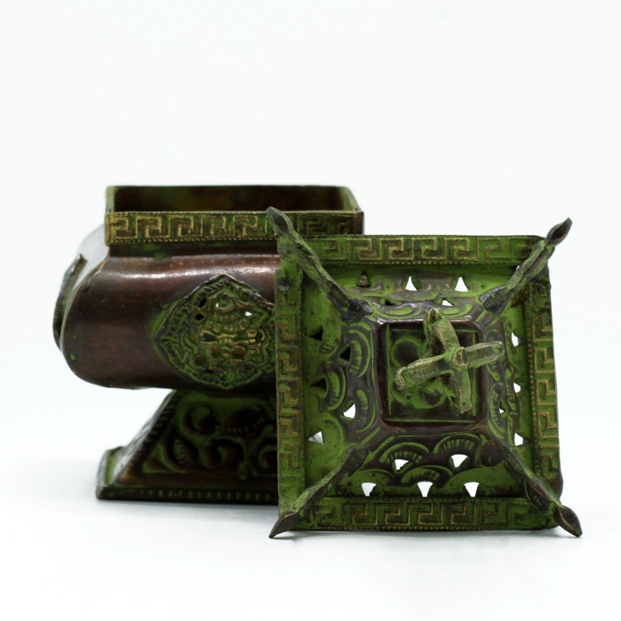 Brass Verdigris Tibetan Burner - Four Symbols Square Standing Pot - SHAMTAM.COM