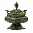 Brass Verdigris Tibetan Burner - Four Symbols Square Standing Pot - SHAMTAM.COM