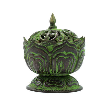 Brass Verdigris Tibetan Incense Burner - Small Lotus - SHAMTAM.COM