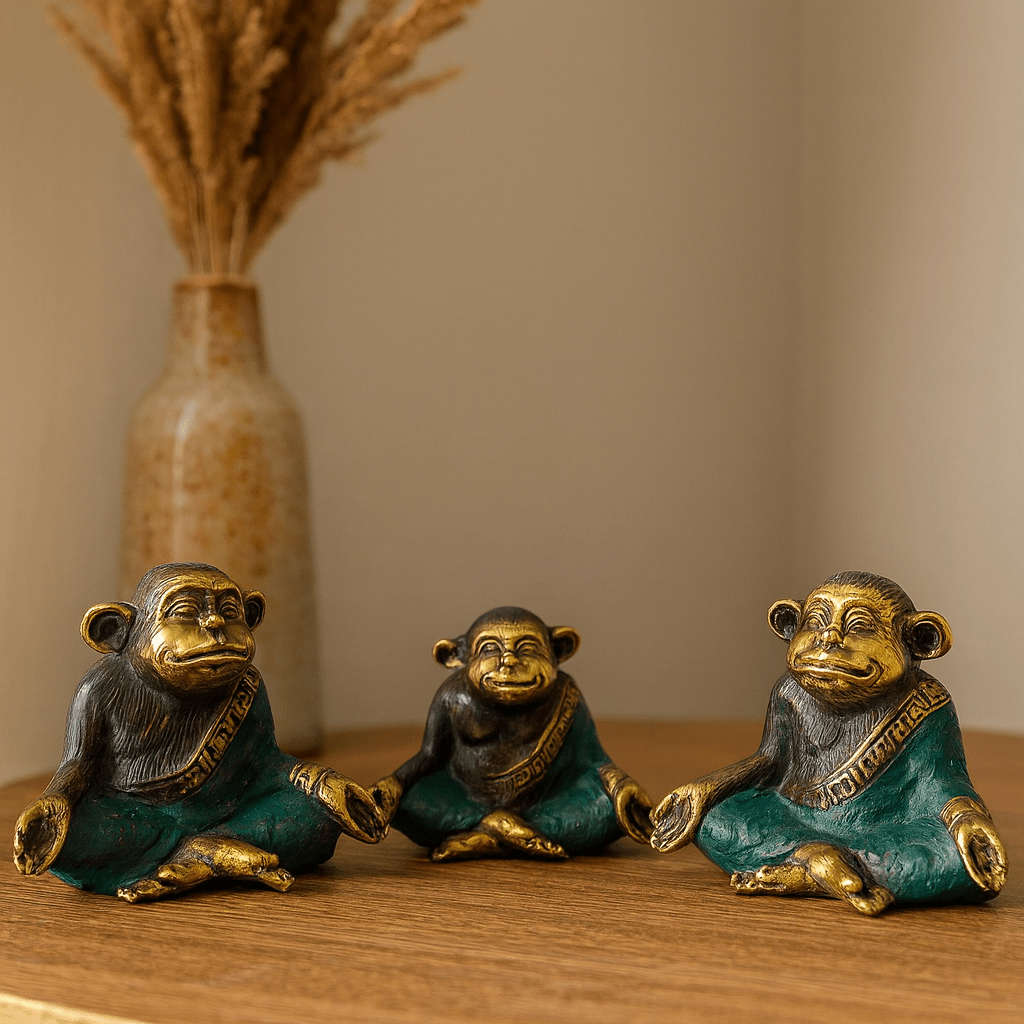 Brass Yoga Monkey Figurines, Set of 3 - SHAMTAM.COM