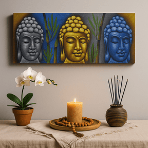 Buddha Canvas Wall Art, Three Heads With Bamboo - SHAMTAM.COM