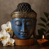 Buddha Head Statue Hand Carved Blue Wood 25cm - SHAMTAM.COM