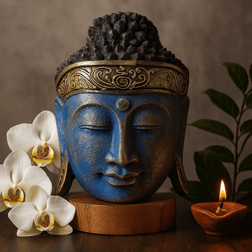 Buddha Head Statue Hand Carved Blue Wood 25cm