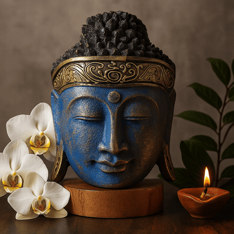Buddha Head Statue Hand Carved Blue Wood 25cm - SHAMTAM.COM