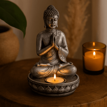 Suport lumânare Buddha din rășină alb mediu