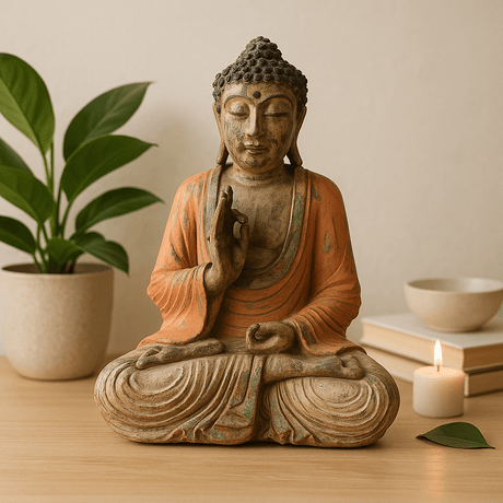Buddha Statue Hand Carved 40cm Vintage Orange Teaching - SHAMTAM.COM
