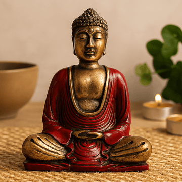 Buddhastaty handmålad röd och guldfärgad resin medium