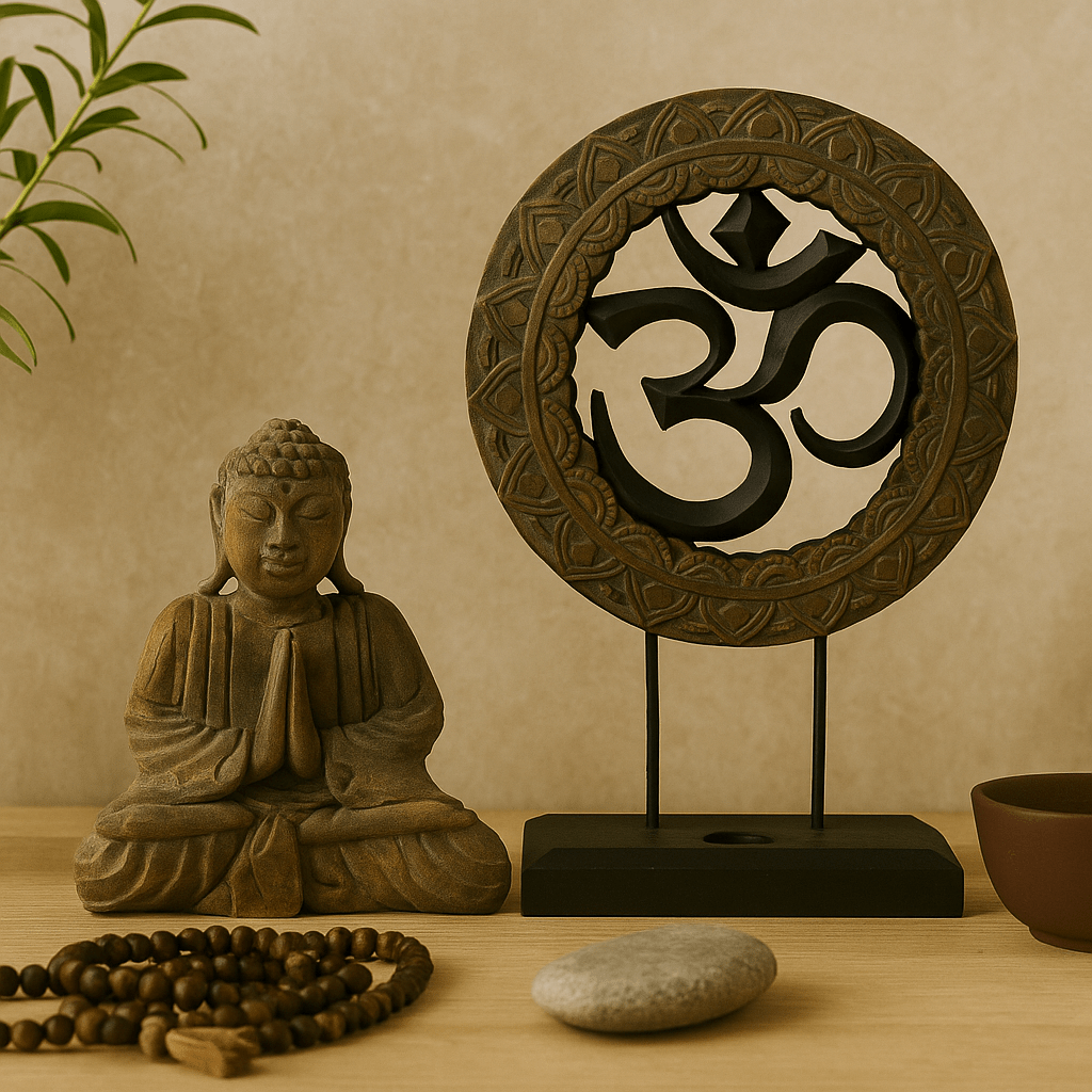 Buddha Statue Set 2 - Piece Om Symbol Grey Black - SHAMTAM.COM