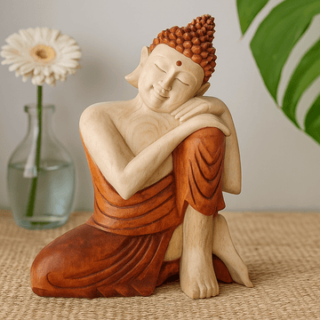 Buddha Statue Thinking Hand-Carved Suar Wood 25cm