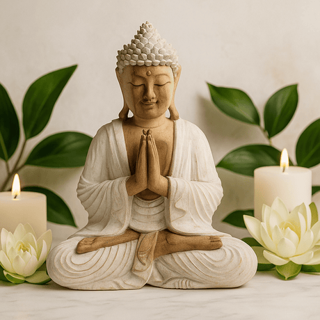 Buddha Statue Whitewash Welcome 30cm - SHAMTAM.COM