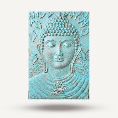 Serene Turquoise Buddha Relief Wall Art with Lotus and Leaf Motifs - 0.7x1m Spiritual Decor - SHAMTAM.COM