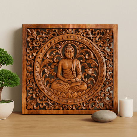 Buddha Wall Panel Wooden Hand Carved 40x40cm - SHAMTAM.COM
