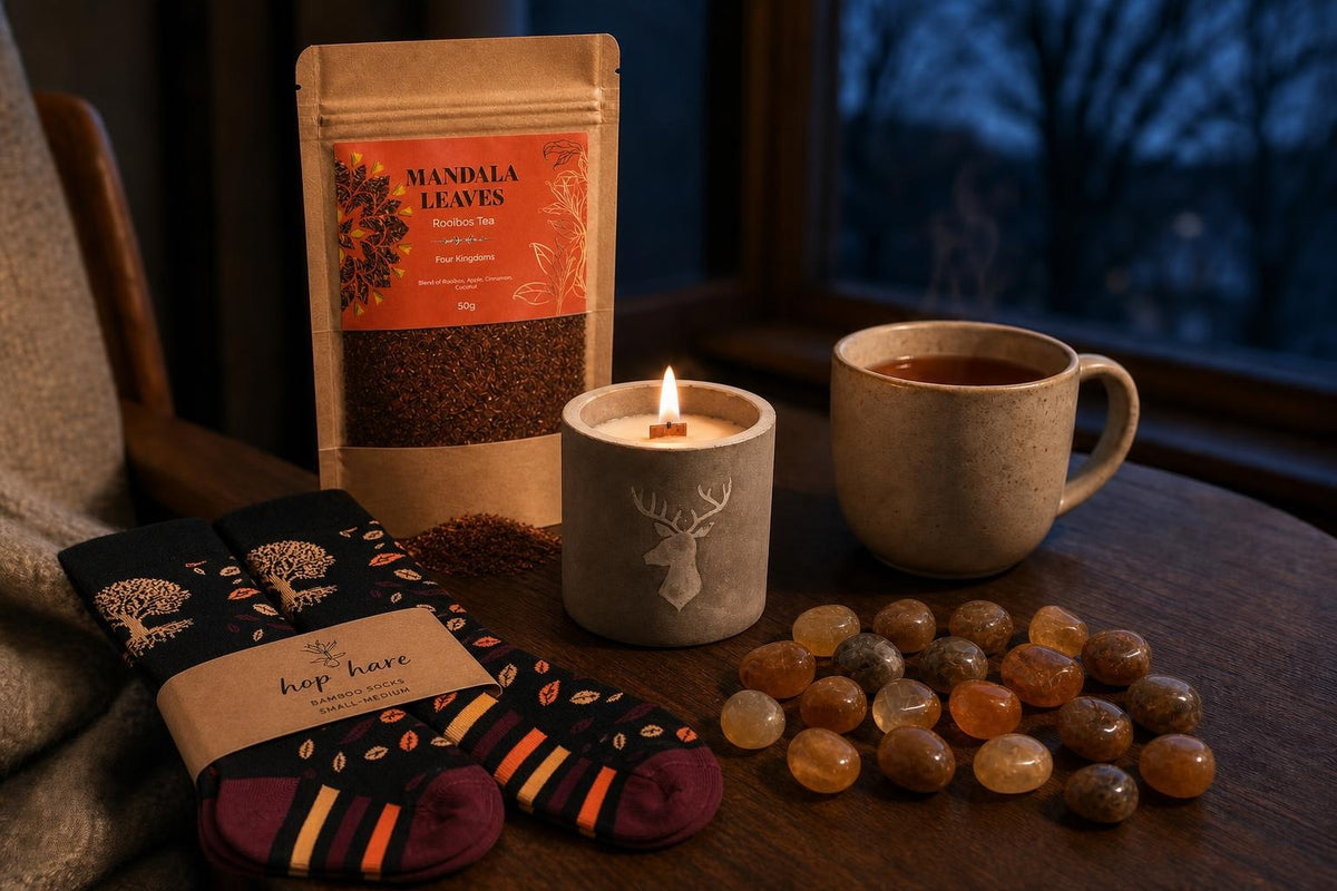 The First Cold Evening: An autumn candle set: a crackling wooden-wick candle, apple-cinnamon rooibos and bamboo socks