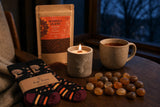 The First Cold Evening: An autumn candle set: a crackling wooden-wick candle, apple-cinnamon rooibos and bamboo socks