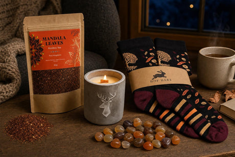 The First Cold Evening: An autumn candle set: a crackling wooden-wick candle, apple-cinnamon rooibos and bamboo socks