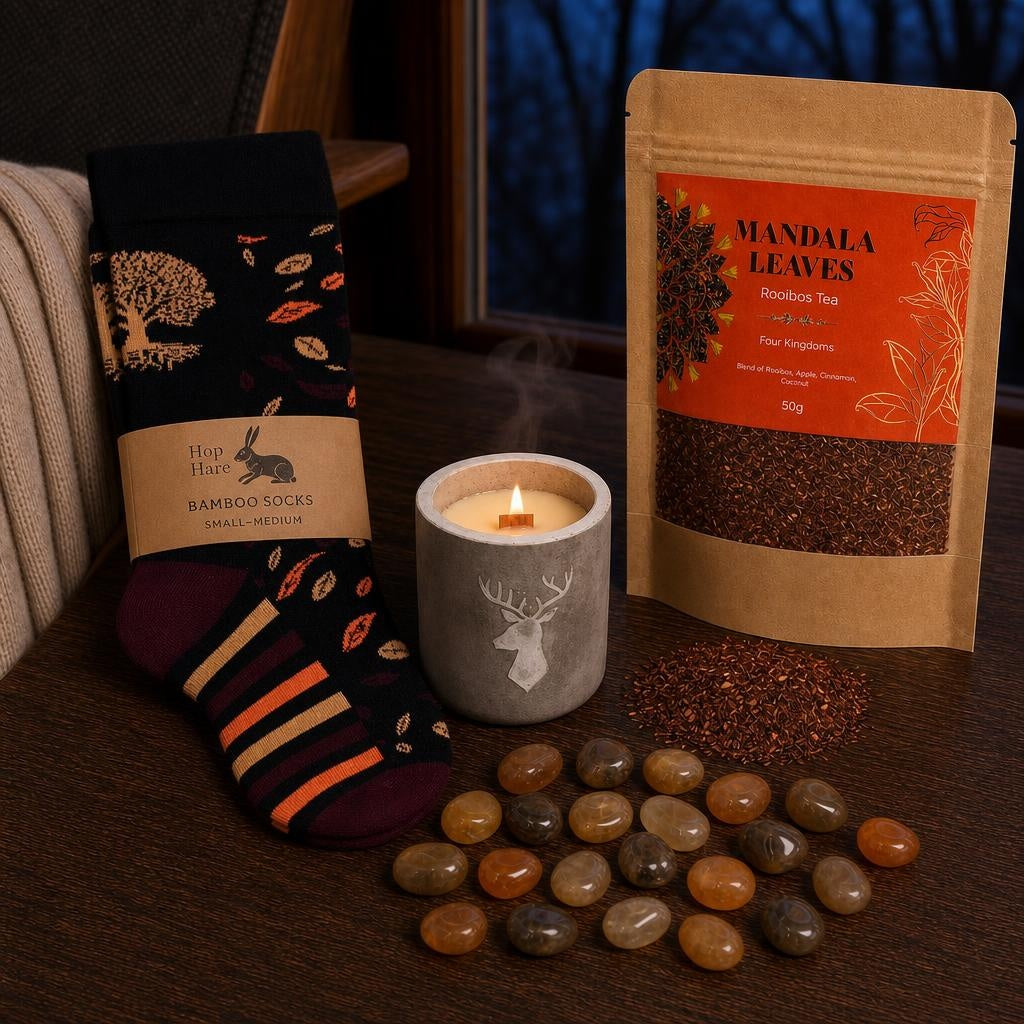 The First Cold Evening: An autumn candle set: a crackling wooden-wick candle, apple-cinnamon rooibos and bamboo socks